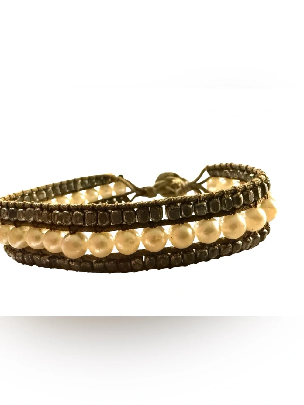 AE Vintage Pearl & Hematite Jute Wrap Bracelet